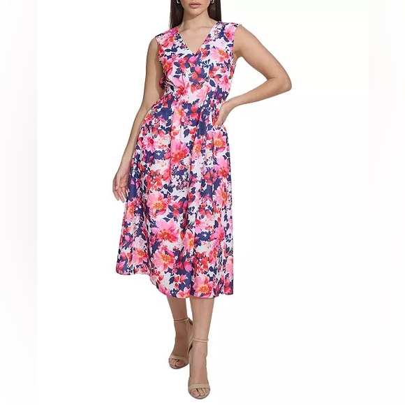 KENSIE/.PINK.FLORAL.V-NECK.A.LINE.DRESS - Picture 1 of 10